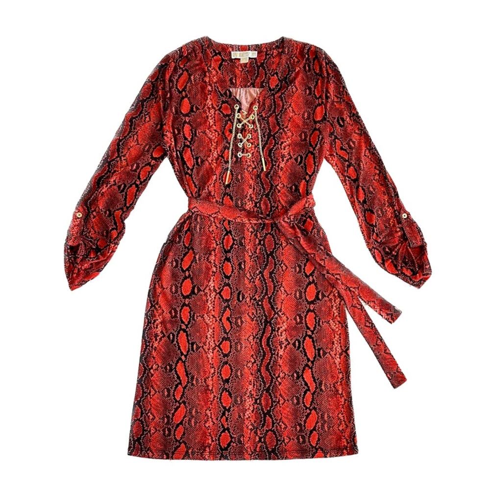 Michael Kors Red Snakeskin Print Gold Chain Tie Dress Size S